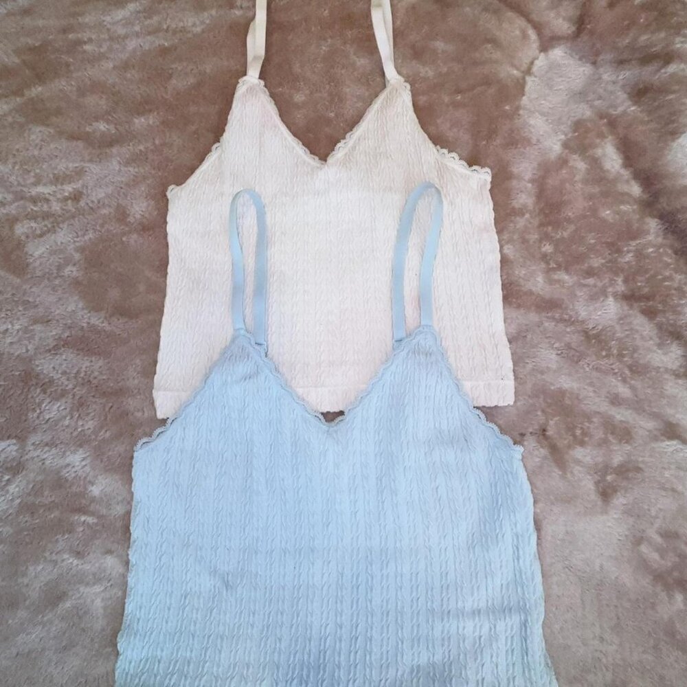 Pink Rose Smocked Cropped Tank Tops Set Cream & Baby Blue - Size XS